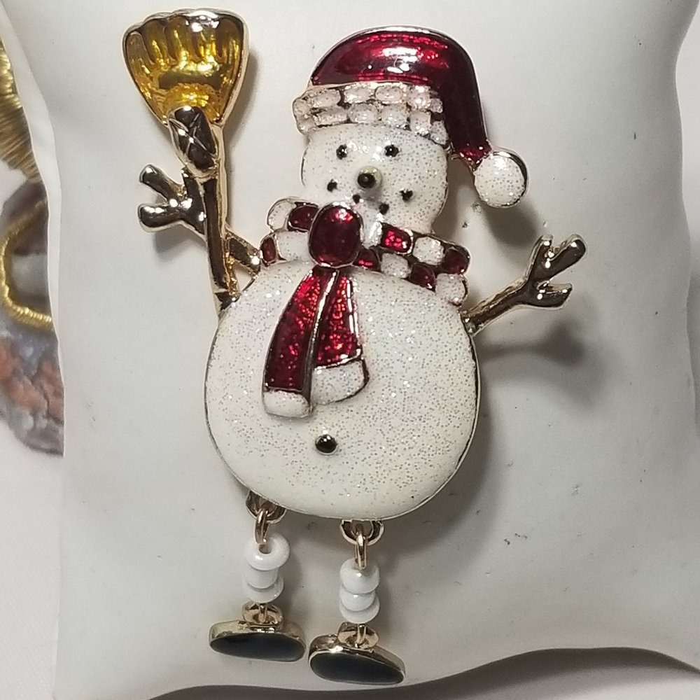 GLITTERY SNOWMAN BROOCH / PIN GOLD TONE BACK